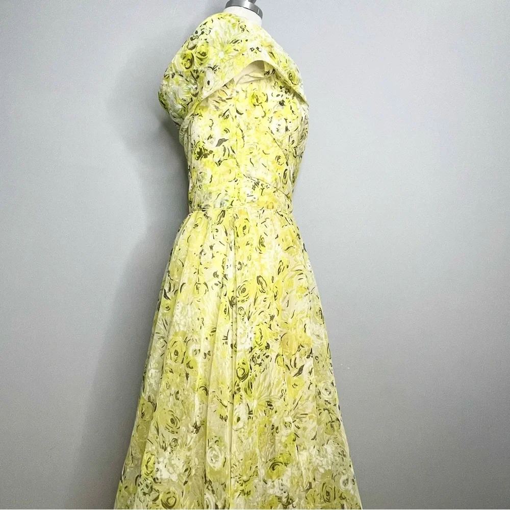 EMMA DOMB Vintage 1950’s Floral Print Off Shoulder Chiffon Gown Maxi Dress - Picture 3 of 11